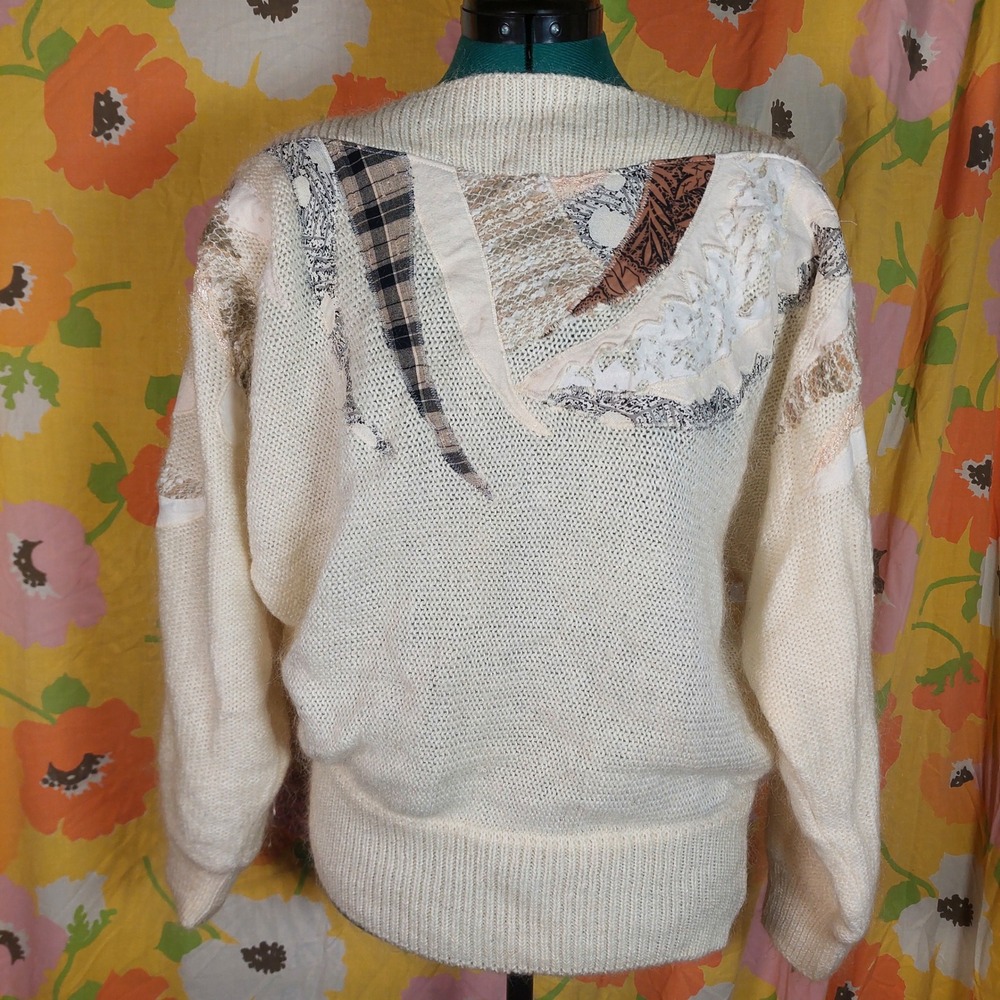 Mariea Kim Vintage 80s Chunky Knit Sweater Batwing Embellished Cream Tan Large